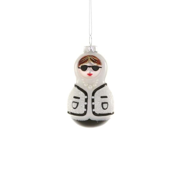 Fashionista Chic Babushka Russian Doll Ornament Black White Pearls Sunglasses - Picture 2 of 2